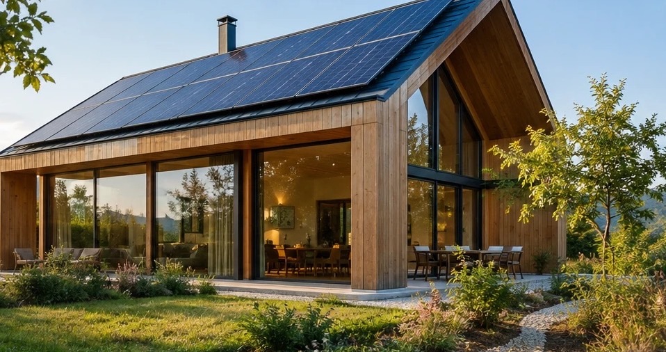 Casa in legno con fotovoltaico sul tetto e grandi vetrate al tramonto