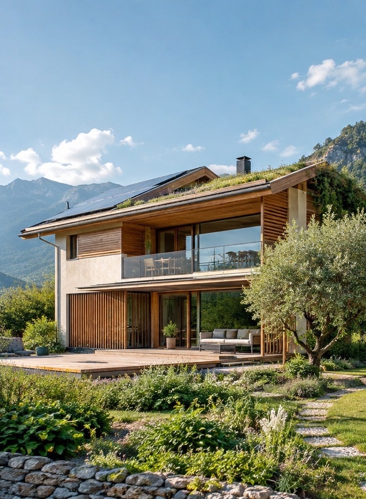 Casa in bioedilizia con tetto verde, fotovoltaico e facciate in legno immersa nel verde