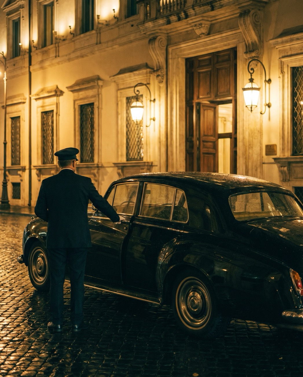 Chauffeur apre la portiera di un'auto d'epoca davanti a un palazzo romano di notte