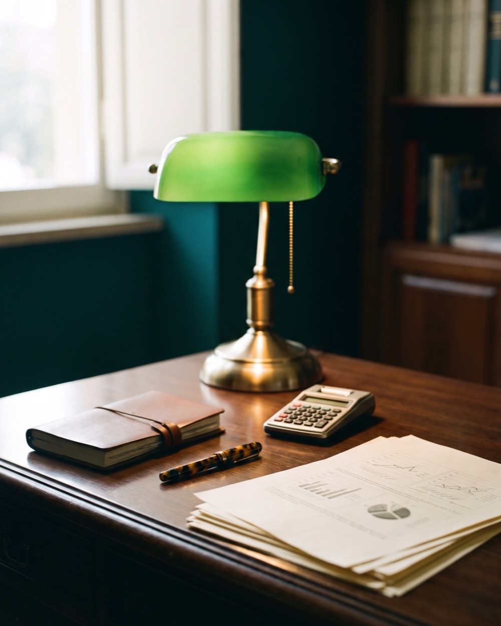 Scrivania in noce con business plan, lampada in ottone e calcolatrice