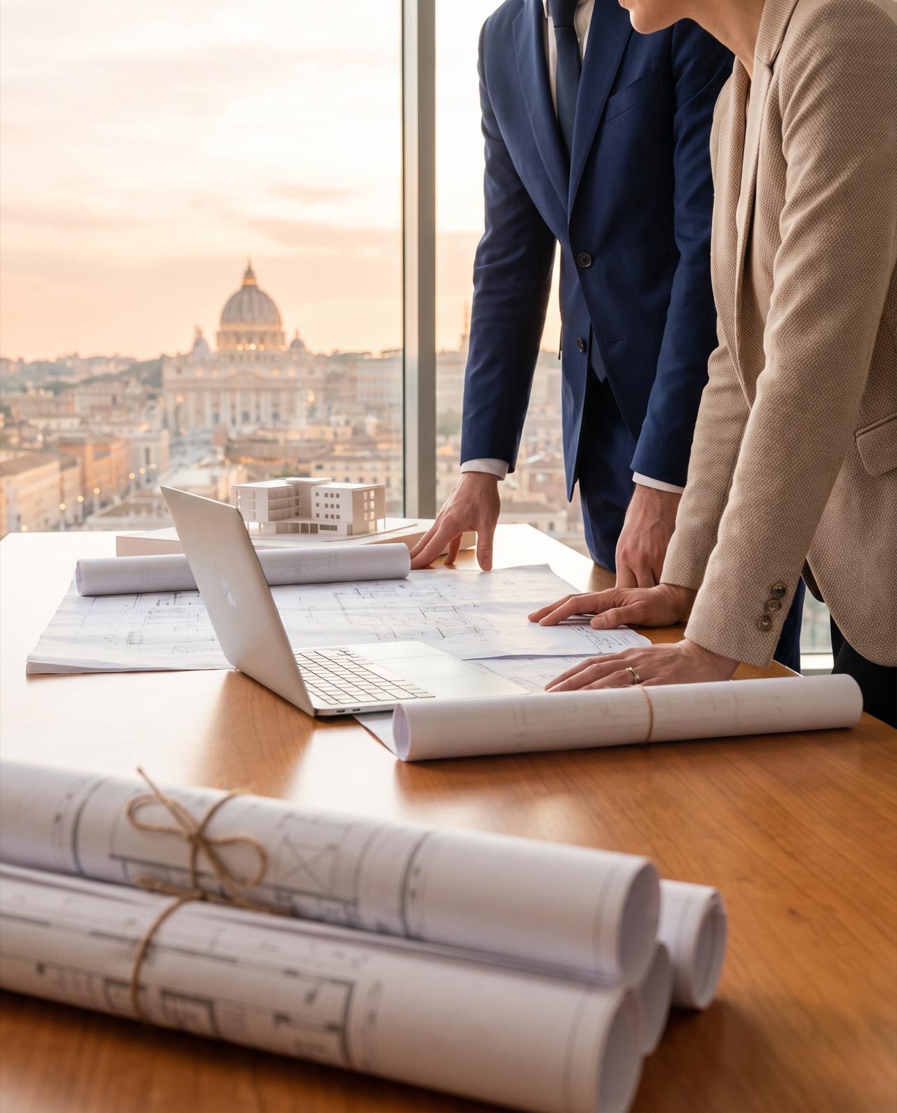 Professionisti al lavoro su progetti architettonici con vista su Roma