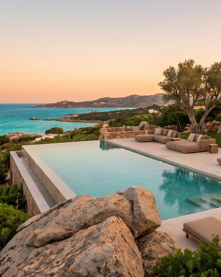 Villa di lusso in Costa Smeralda con piscina a sfioro sul mare al tramonto